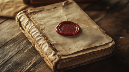 A vintage leather-bound book resting on a rustic wooden table, sealed with a red wax emblem. The warm lighting creates an inviting atmosphere, hinting at untold stories within.の素材