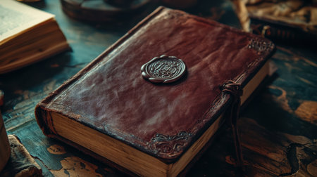 This image showcases an antique leather journal with a wax seal resting on a rustic wooden table, surrounded by vintage props, perfect for writers seeking inspiration or artists for creative projects.の素材