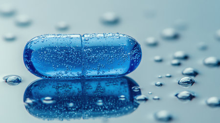 A close-up view of a blue gel capsule resting on a reflective surface, adorned with tiny bubbles, emphasizing themes of healthcare, wellness, and pharmaceutical innovation.の素材