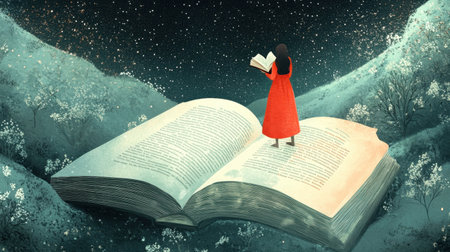 This enchanting illustration features a woman in a red dress standing on an open book, gazing up at a starry sky, embodying the themes of imagination and adventure in a magical landscape.の素材