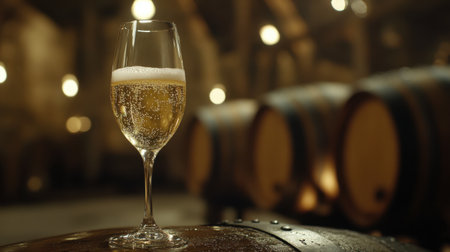 A sparkling wine glass beautifully displayed on a rustic barrel in a cozy winery, capturing the essence of wine culture and an inviting tasting experience.の素材