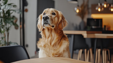 A golden retriever sits patiently at a dining table, surrounded by a modern home environment filled with stylish decor, capturing the beauty of companionship and domestic bliss.の素材