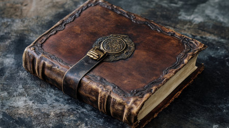This antique leather bound book features an intricate cover design with a decorative closure, resting on a rustic surface, perfect for evoking historical and literary themes.の素材