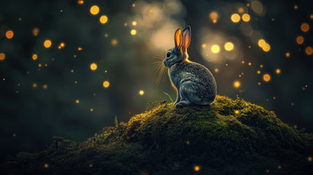 A serene rabbit rests on a mossy rock in an enchanting forest, illuminated by a soft glow and surrounded by sparkling bokeh effects creating a magical ambiance.の素材