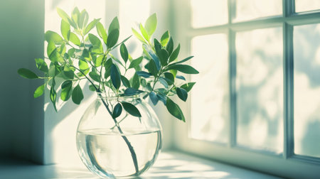A tranquil scene featuring fresh green leaves in a clear vase on a sunlit windowsill, portraying a serene and inviting atmosphere perfect for home decor inspiration.の素材