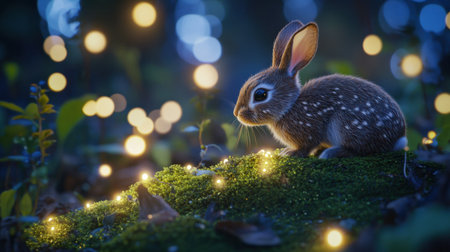 A charming bunny sits peacefully on soft moss, surrounded by gentle glowing lights, creating a serene and magical atmosphere in a tranquil forest setting.の素材