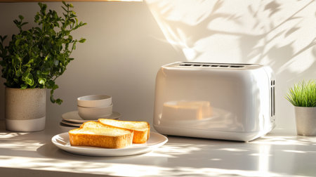 A bright kitchen featuring a modern toaster with golden toast, surrounded by fresh greenery, creating a warm and inviting morning atmosphere filled with natural light.の素材
