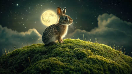 This enchanting scene captures a rabbit perched on a mossy hill under a full moon, surrounded by a starry sky, creating a tranquil and magical atmosphere in nature.の素材