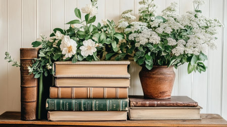This beautiful arrangement features vintage books alongside fresh foliage and elegant blooms, creating a charming and inviting atmosphere in any interior space.の素材