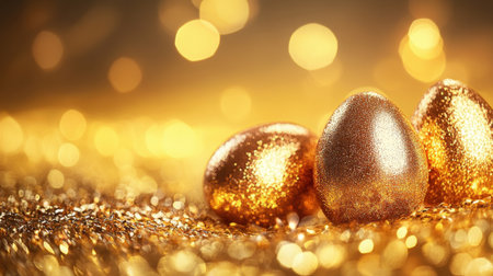 A trio of golden eggs resting on a dazzling gold background, exuding warmth and elegance, perfect for seasonal themes, celebrations, and artistic projects.の素材