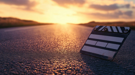 A serene sunset illuminates an empty road with a film clapperboard resting on the pavement, representing creativity in filmmaking and the beauty of beginnings in arts.の素材