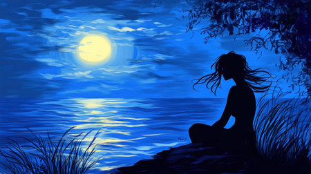 A serene silhouette of a woman gazes at the luminous moon reflecting on the water, surrounded by lush greenery, evoking a sense of peace and tranquility in natureの素材