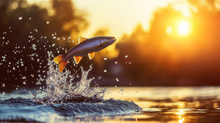 A stunning capture of a brown trout leaping from shimmering water at sunset, showcasing the beauty of nature and the thrill of outdoor adventures. Ideal for wildlife and nature themes.の素材