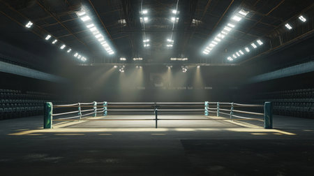 A captivating view of an empty boxing ring in a vintage arena, dramatically lit by spotlights, highlighting the solitude and anticipation of future matches in the sports environment.の素材