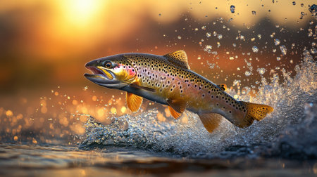 A stunning brown trout leaps joyfully from the water, surrounded by sparkling splashes, set against a breathtaking golden sunset, showcasing wildlife and nature's dynamic beauty.の素材