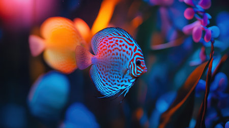 A stunning discus fish glides through a beautifully lit aquarium, showcasing intricate patterns and colors against a backdrop of lush plants and dreamy lighting.の素材