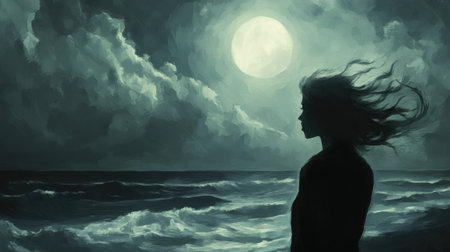 A solitary woman stands by the ocean at night, her silhouette framed by a bright full moon and swirling clouds, evoking a sense of mystery and tranquility in nature.の素材