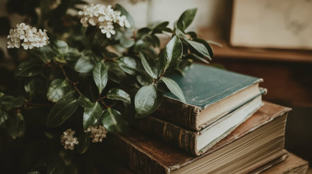 A serene composition featuring vintage books and green leaves with delicate white flowers, perfect for themes of tranquility, reading, and home decor inspiration.の素材