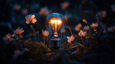 A glowing light bulb emerges from a serene garden filled with delicate flowers, creating a captivating fusion of nature and innovation in a tranquil evening setting.の素材