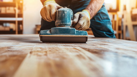 A skilled craftsman is seen using an electric sander on a wooden surface in a workshop, showcasing attention to detail and commitment to quality in woodworking.の素材