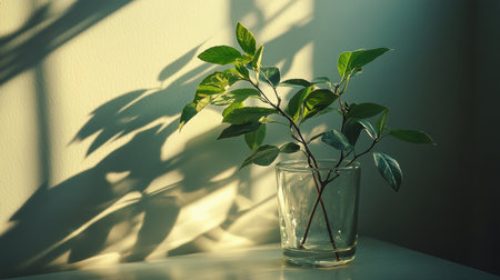 Experience the beauty of a green plant delicately placed in a glass vase, illuminated by soft sunlight, casting gentle shadows that create a calming atmosphere.の素材