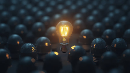 A glowing light bulb emerges from a sea of dark figures, symbolizing creativity and individuality in a modern, abstract concept of inspiration amidst conformity.の素材