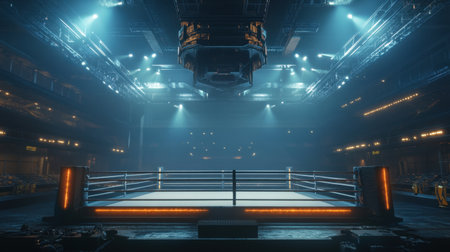 A captivating view of an empty boxing ring illuminated by stage lights, set in a modern arena, creating a dynamic atmosphere perfect for sports photography and event promotion.の素材