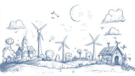 This blue pencil sketch showcases a peaceful rural landscape with wind turbines, a charming house, and soft natural elements, symbolizing sustainable living and harmony with nature.の素材
