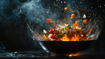 Experience the exhilarating moment of vibrant vegetables stirring in a wok, creating an action-filled scene filled with smoke and flames, perfect for culinary inspiration.の素材