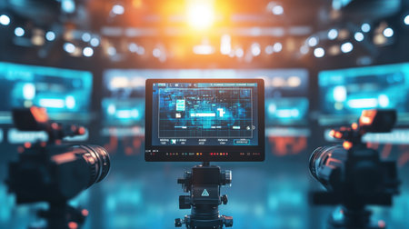 A modern studio setup showcasing advanced cameras and digital screens filled with data, perfect for video production and broadcasting in a professional environment.の素材