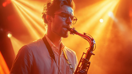 Young male musician passionately plays the saxophone on stage, surrounded by dramatic lighting and vibrant colors that enhance the live music experience.の素材