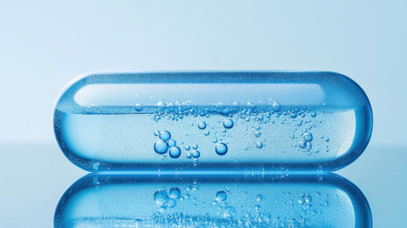 A clear capsule filled with water and bubbles, resting on a smooth surface. The soft blue hues and reflections create a calm atmosphere, perfect for health-related themes.の素材