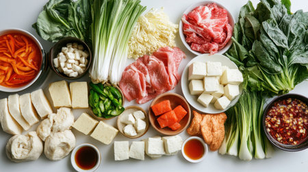 A vibrant and fresh selection of ingredients ideal for hot pot cooking, showcasing vegetables, meats, tofu, and flavorful sauces, promoting healthy and delicious meal preparation.の素材