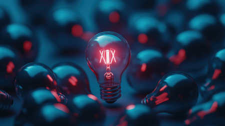A glowing light bulb stands out amidst an array of colorful bulbs, symbolizing creativity and innovation in a captivating dark blue setting.の素材