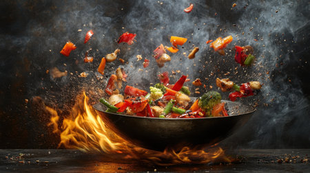 Capture the essence of food preparation with a dramatic visual of vibrant vegetables exploding above a wok, surrounded by dynamic smoke and flames, embodying culinary energy.の素材