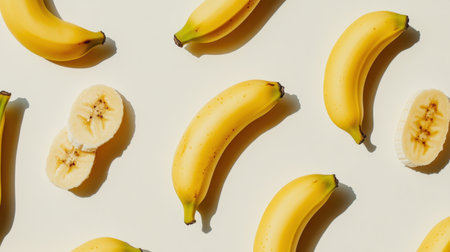 A stunning display of vibrant yellow bananas on a soft cream background, perfect for showcasing freshness, health benefits, and culinary inspiration in various projects.の素材