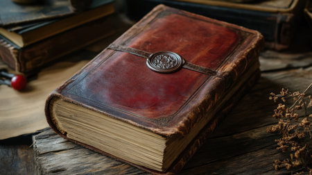 A beautifully crafted vintage leather-bound journal featuring a wax seal, resting on a rustic wooden table, surrounded by antique books and natural decor elements, creating a nostalgic ambiance.の素材