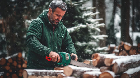 A focused man engages in cutting wood with a hand saw in a snowy forest setting, showcasing winter craftsmanship amidst serene natural beauty and stacked logs.の素材