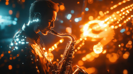 A captivating portrait of a saxophonist performing under colorful lights, creating a mesmerizing blend of sound and visual art that embodies the essence of jazz music.の素材