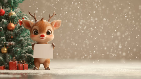 A charming cartoon reindeer stands beside a beautifully decorated Christmas tree, holding a blank sign. Snowflakes gently fall, creating a cozy winter atmosphere perfect for holiday projects.の素材