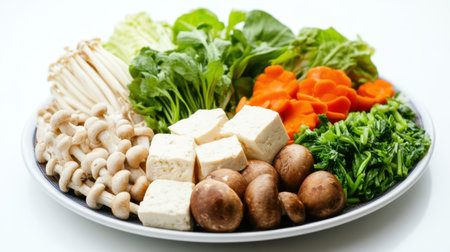 A vibrant assortment of fresh raw vegetables and tofu on a plate, showcasing mushrooms, carrots, and leafy greens ideal for healthy cooking and meal preparation.の素材