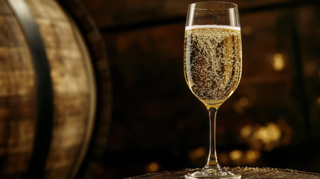 A stunning glass of sparkling wine filled with bubbles sits elegantly against a rustic wooden barrel, embodying the spirit of celebration, enjoyment, and refined taste.の素材