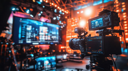 A vibrant broadcast studio equipped with advanced cameras and bright lights captures the essence of modern media production in an artistic and dynamic setting.の素材