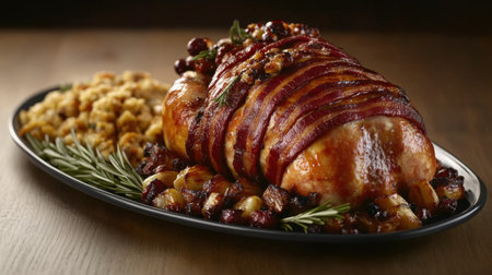 A beautifully presented roasted turkey wrapped in crispy bacon, served with rich stuffing and garnished with fresh herbs, perfect for holiday gatherings or special meals.の素材
