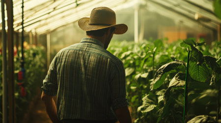 A dedicated farmer walks through a vibrant greenhouse filled with lush green plants, illuminated by soft natural light filtering through the glass, symbolizing sustainable agriculture.の素材
