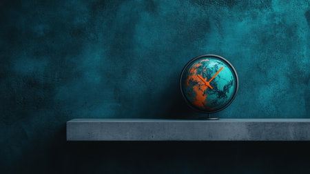 A stunning globe clock rests on a sleek shelf, adding a touch of modern design to any room. The vibrant colors enhance the unique blend of time and geography.の素材