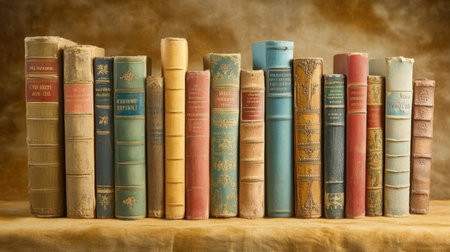 A captivating display of vintage books with intricate designs, showcasing their aged beauty and inviting the viewer to explore the world of literature and storytelling.の素材