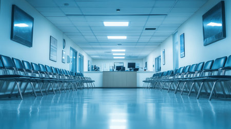 A tranquil hospital waiting room featuring rows of empty chairs, a reception area, and soft blue lighting, creating a serene environment for patients and visitors.の素材