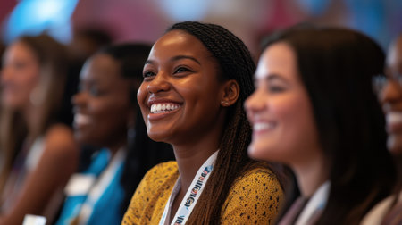 A vibrant scene of young women at a conference, showcasing smiles and engagement, illustrating the spirit of connection and empowerment in a professional environment.の素材