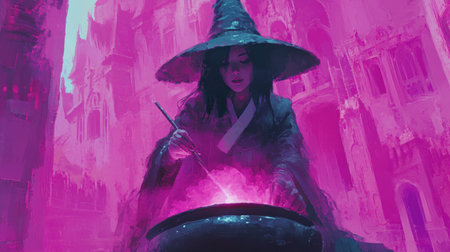 A captivating scene featuring a sorceress engaged in potion-making, enveloped in a vibrant pink glow that highlights her concentration and ethereal surroundings.の素材